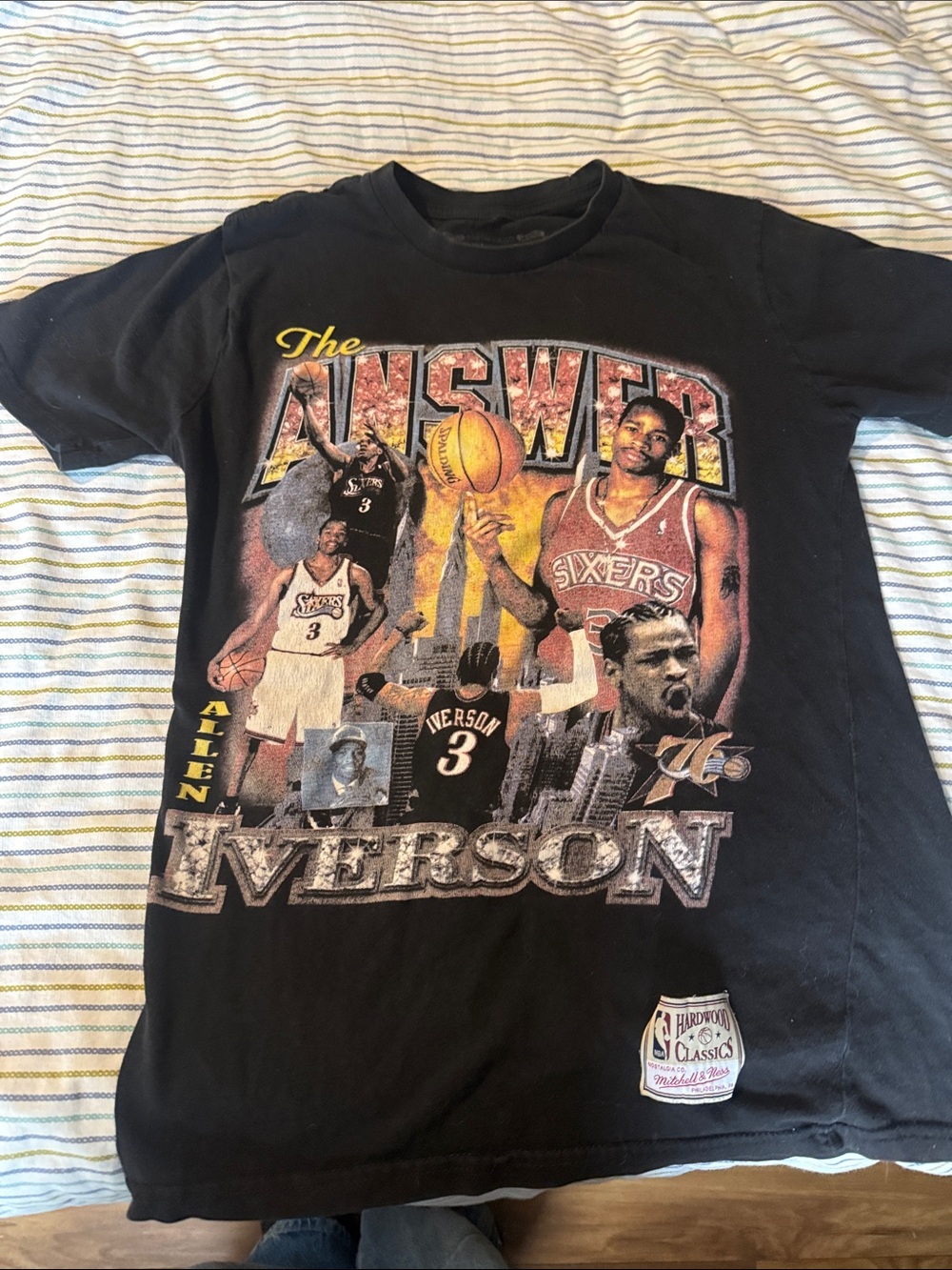NBA Black Allen Iverson Graphic Tee with Yellow and Red Accents
